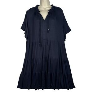 Tahari 3X Navy Tiered Dress NWT Plus Size Flutter Sleeve‎ Tie Neck Boho